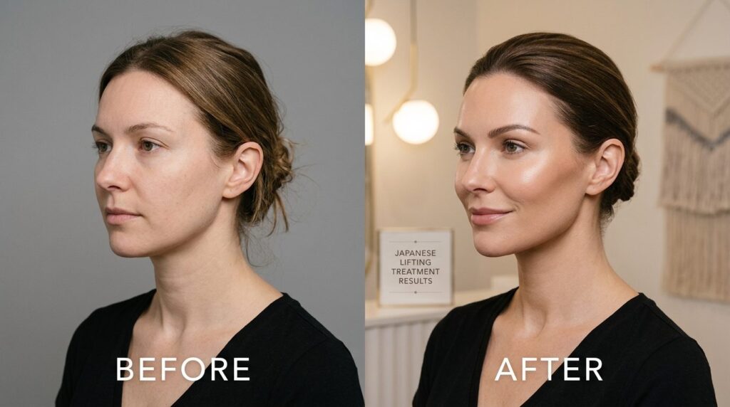 Before and after aesthetic showing womans face from side an