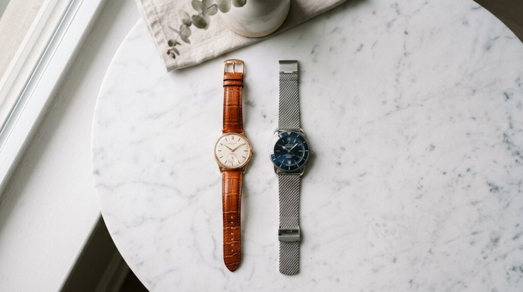 Flat lay overhead shot of two luxury watches side by side on
