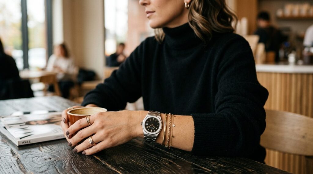 Lifestyle fashion photograph of a womans wrist wearing a mo