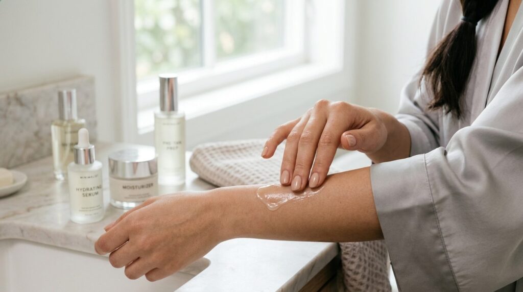 Close-up skincare preparation scene: womans hand applying m